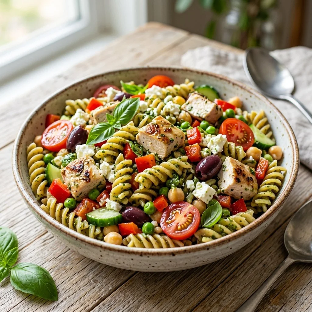 High protein pasta salad with vegetables and dressing