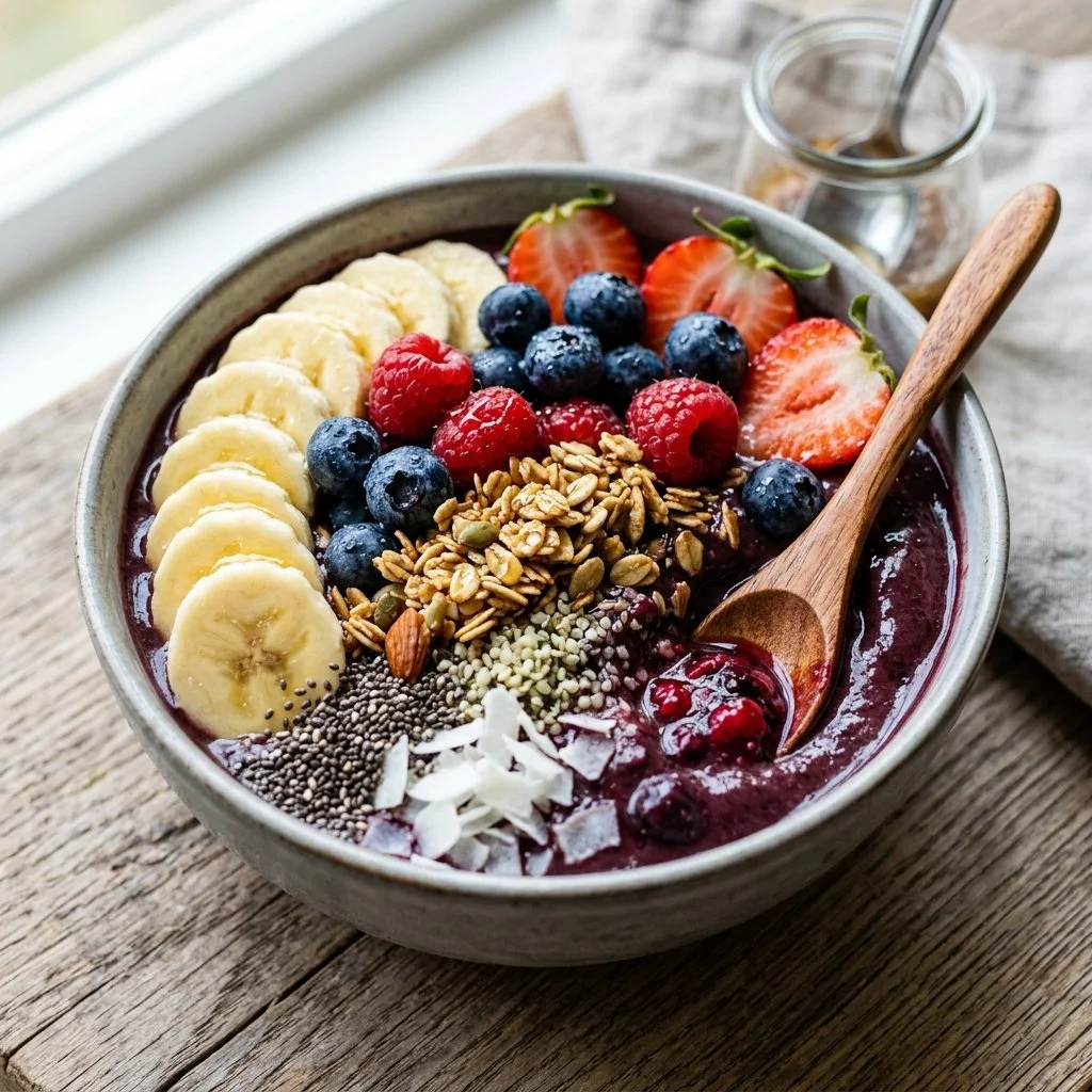 Delicious homemade acai bowl topped with fresh fruits and granola