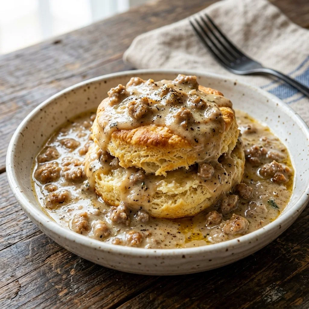 Delicious homemade biscuits and gravy served on a plate