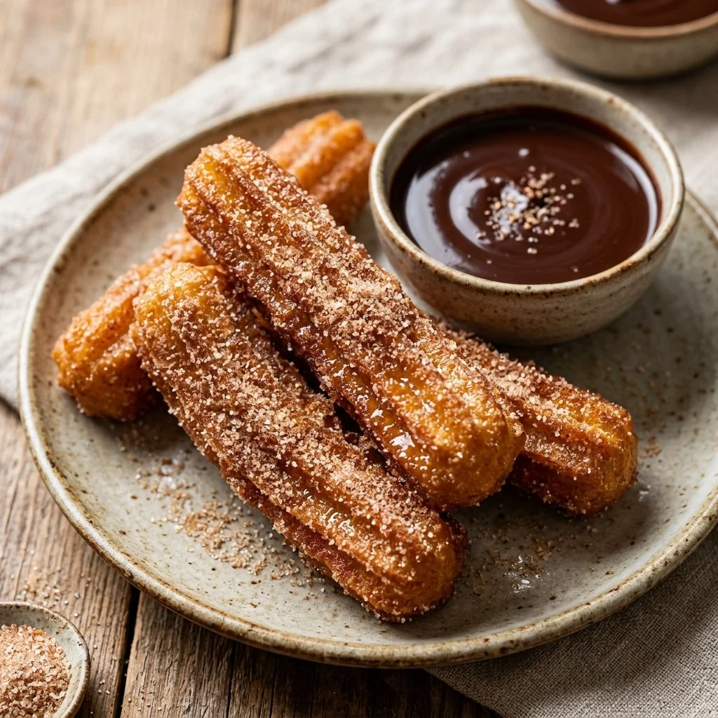 Delicious homemade churros ready to be served with chocolate sauce