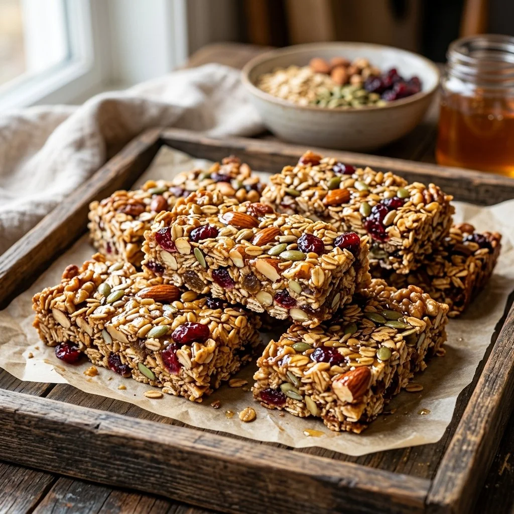 Homemade granola bars made with oats, nuts, and honey