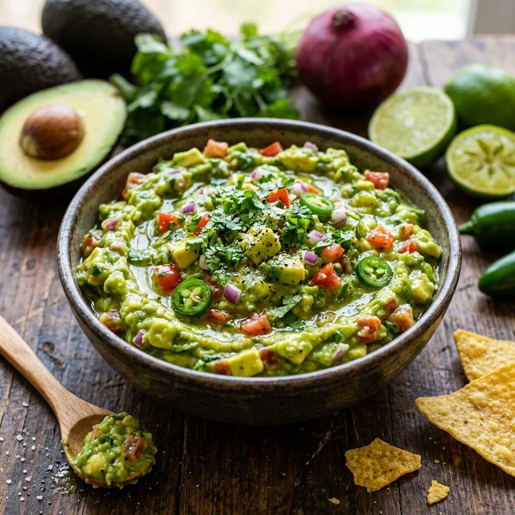 Bowl of homemade guacamole with fresh ingredients and tortilla chips