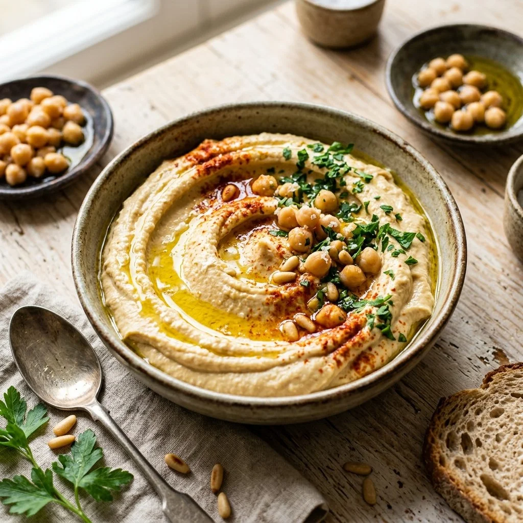 Bowl of creamy homemade hummus served with pita and vegetables