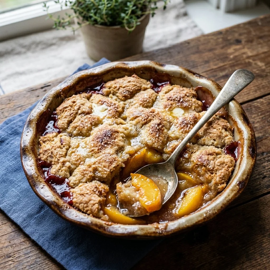 Delicious homemade peach cobbler with juicy peaches and a flaky crust