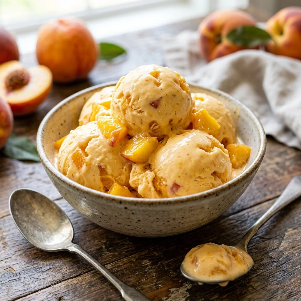 Bowl of homemade peach ice cream topped with fresh peach slices.