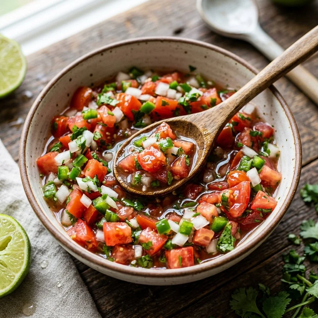 Bowl of homemade Pico De Gallo made with fresh tomatoes, onions, and cilantro.