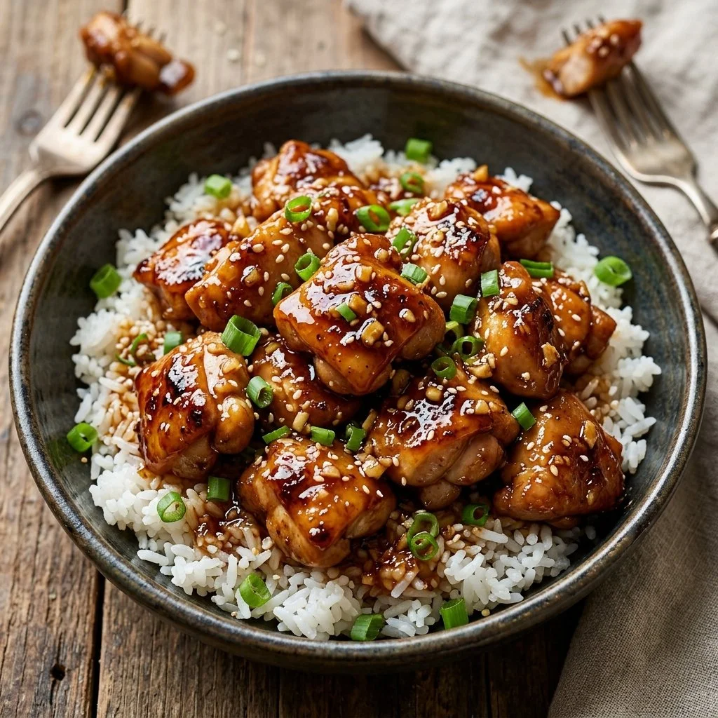 Delicious Honey Garlic Chicken served with vegetables and rice.