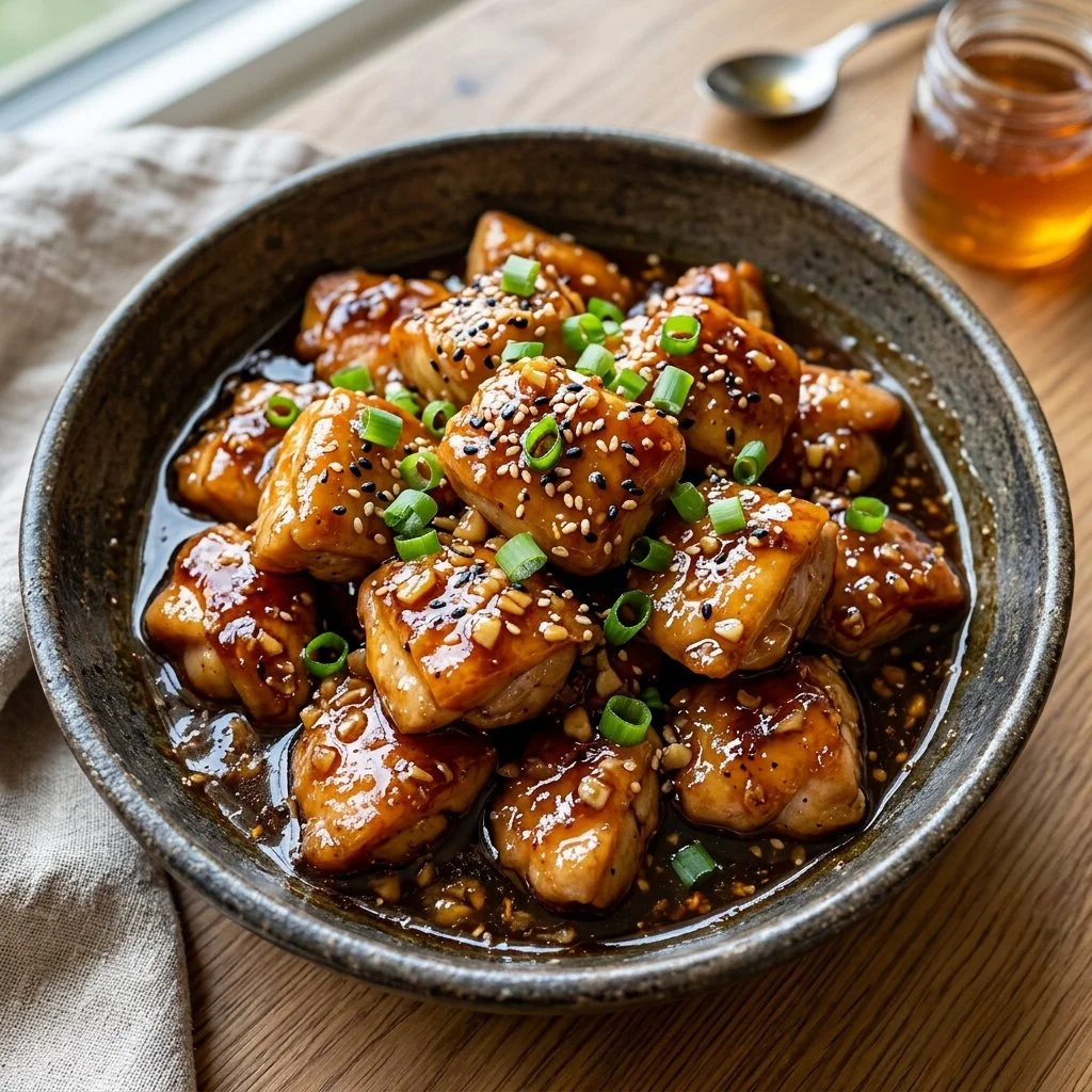 Delicious Honey Garlic Chicken served on a plate with garnishes