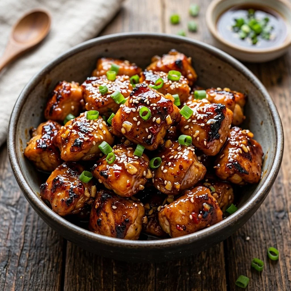 Delicious Honey Garlic Chicken Bites served on a plate with garnishes