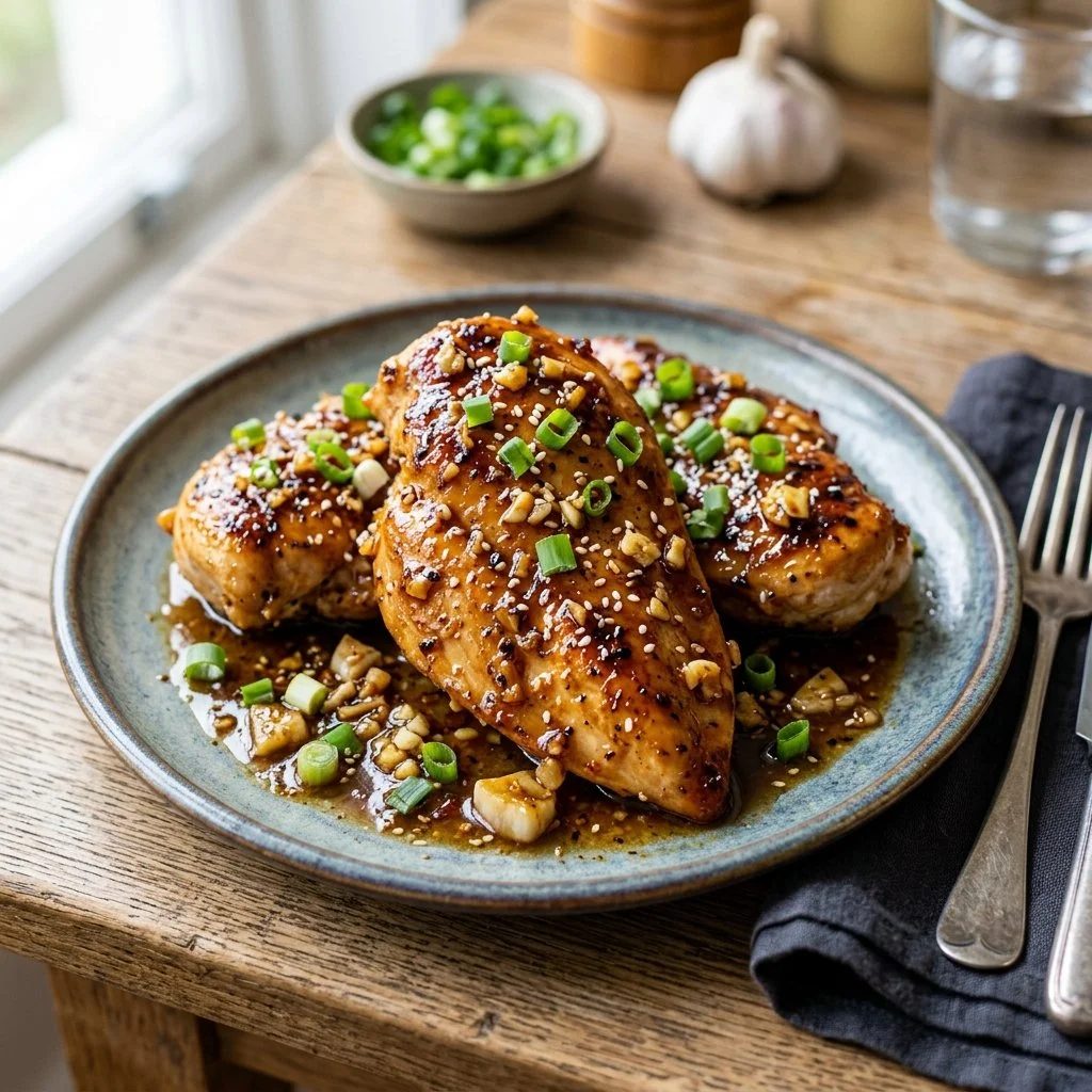 Delicious honey garlic chicken breast served with vegetables on a plate.