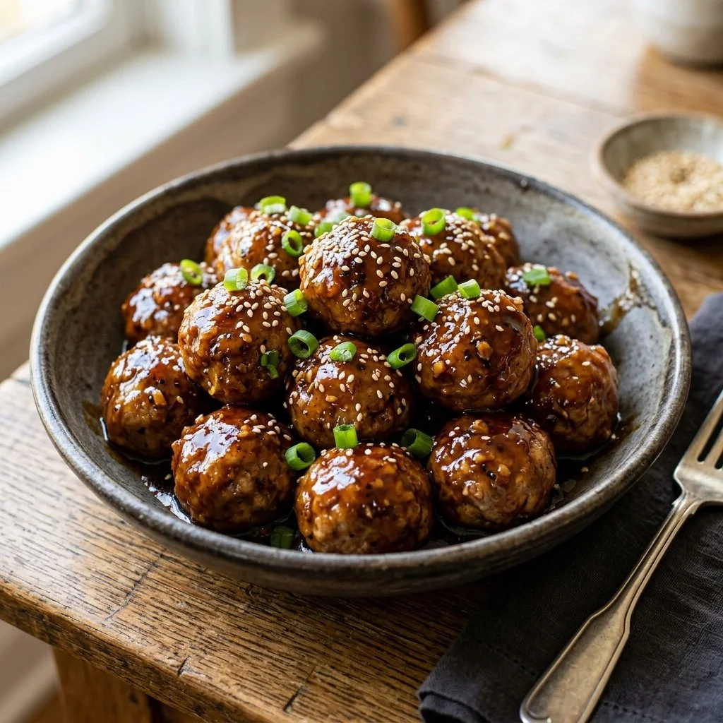 Plate of honey garlic meatballs drizzled with sauce and garnished with cilantro.