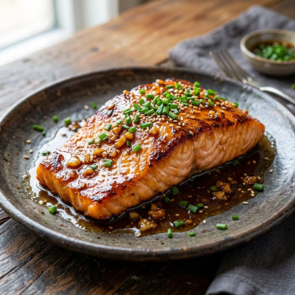 Delicious Honey Garlic Salmon served with vegetables on a plate.