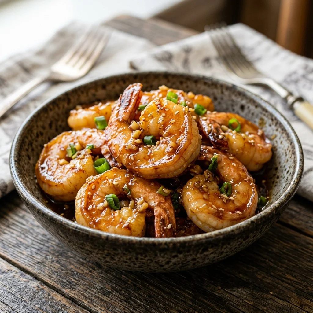 Honey garlic shrimp dish served with vegetables and rice.