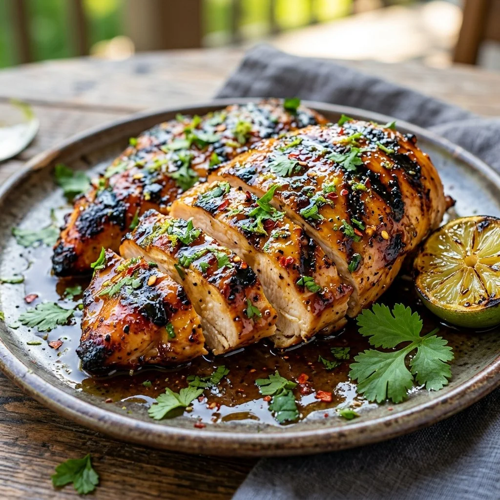 Honey Lime Grilled Chicken garnished with lime wedges and herbs on a plate.