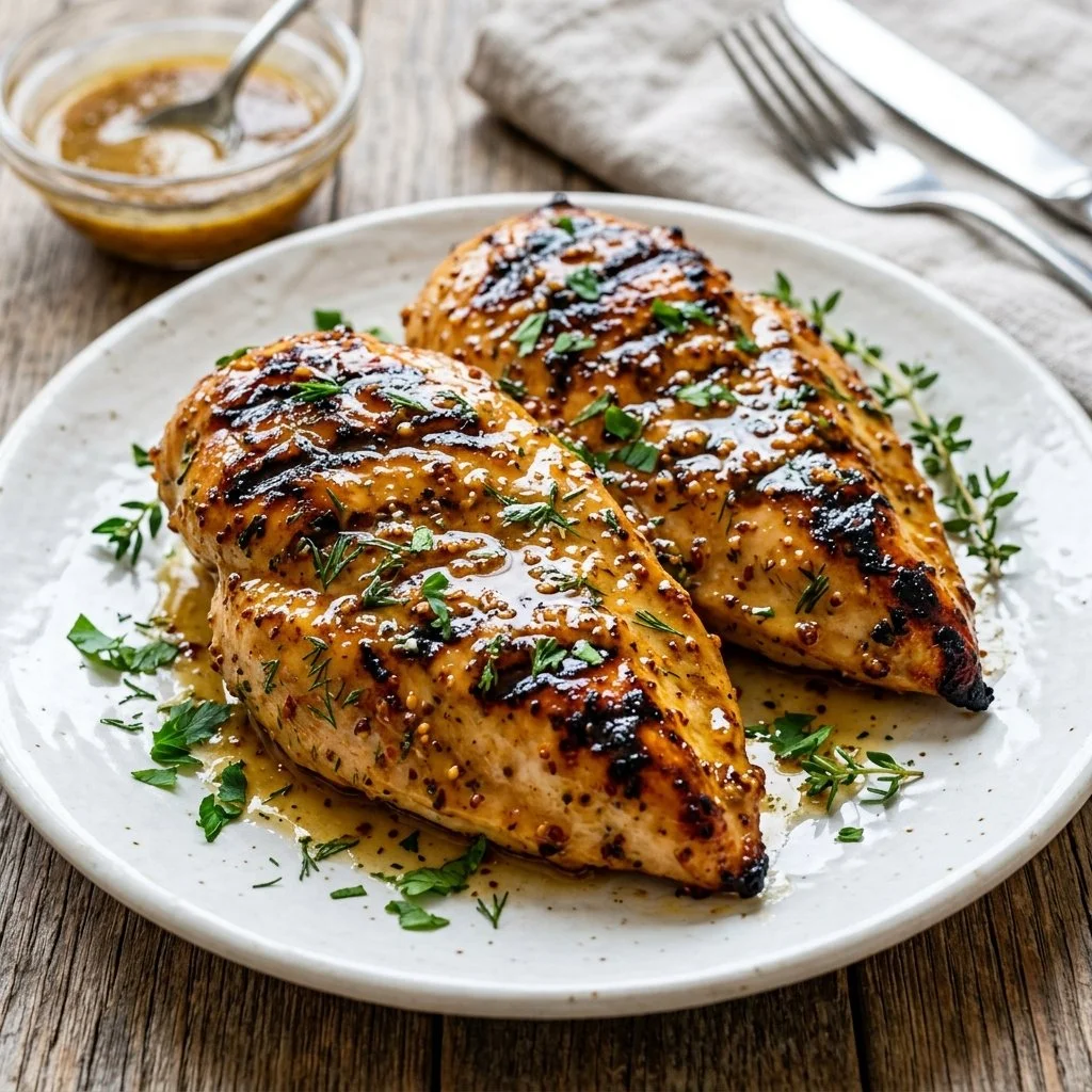 Delicious honey mustard grilled chicken on a plate with fresh herbs.