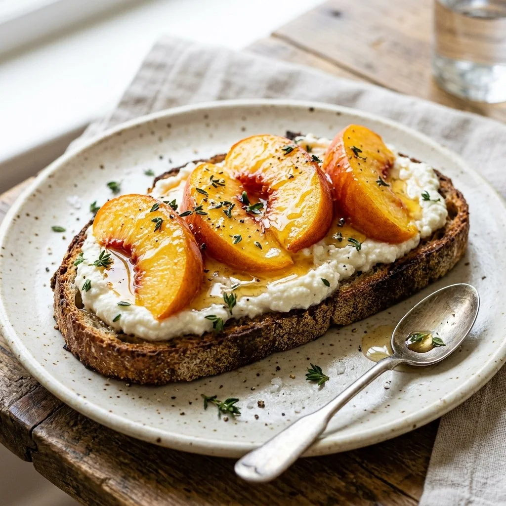 Honey Ricotta Peach Toast topped with fresh peaches and drizzled with honey
