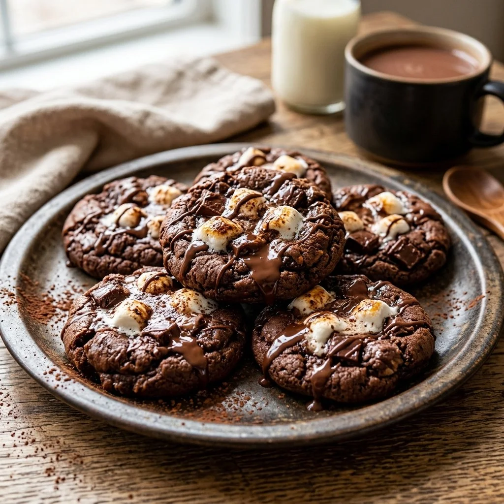 Delicious homemade hot cocoa cookies with chocolate chips and marshmallows