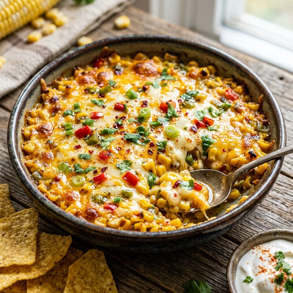 Delicious hot corn dip served in a bowl with tortilla chips