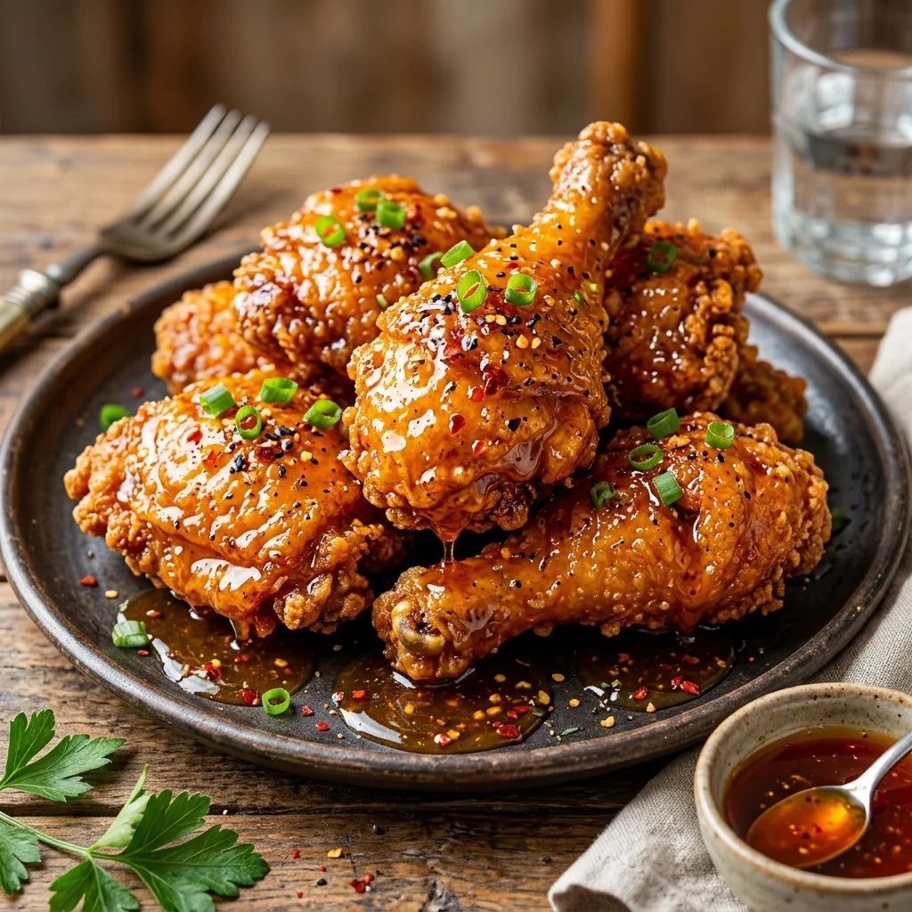 Delicious hot honey chicken served with a side of spices and drizzled with honey.