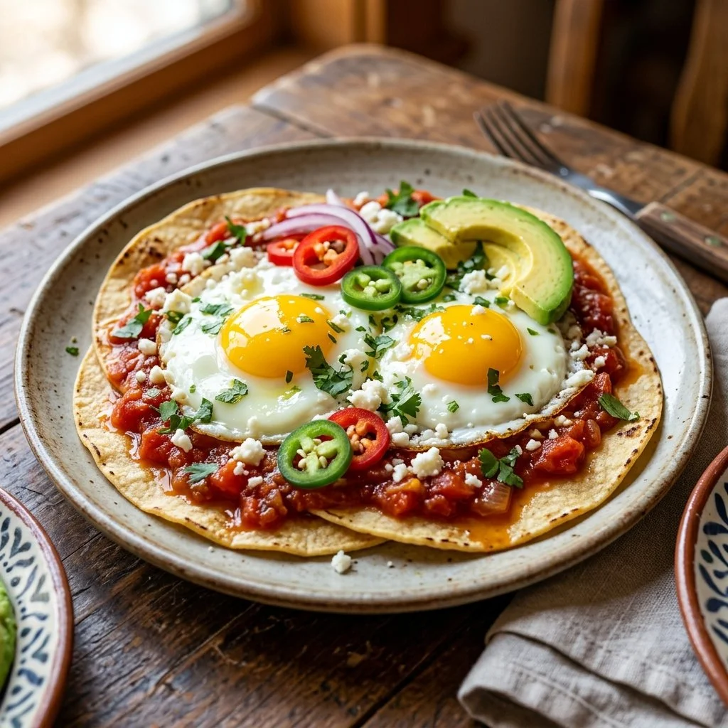 Plate of Huevos Rancheros with eggs, salsa, and tortillas