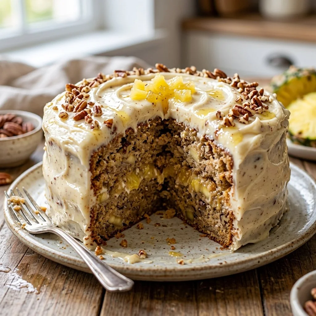 Delicious slice of Hummingbird Cake topped with cream cheese frosting
