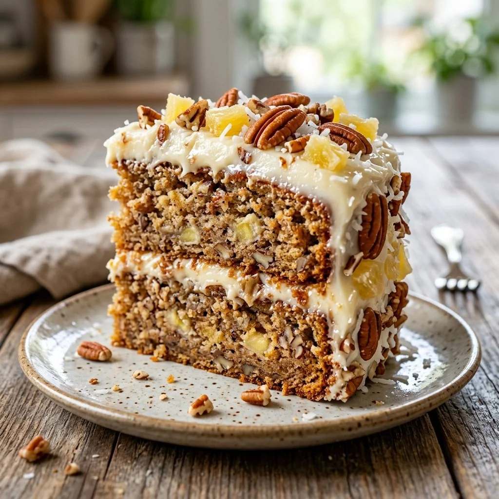 Slice of Hummingbird Cake topped with cream cheese frosting and garnished with nuts