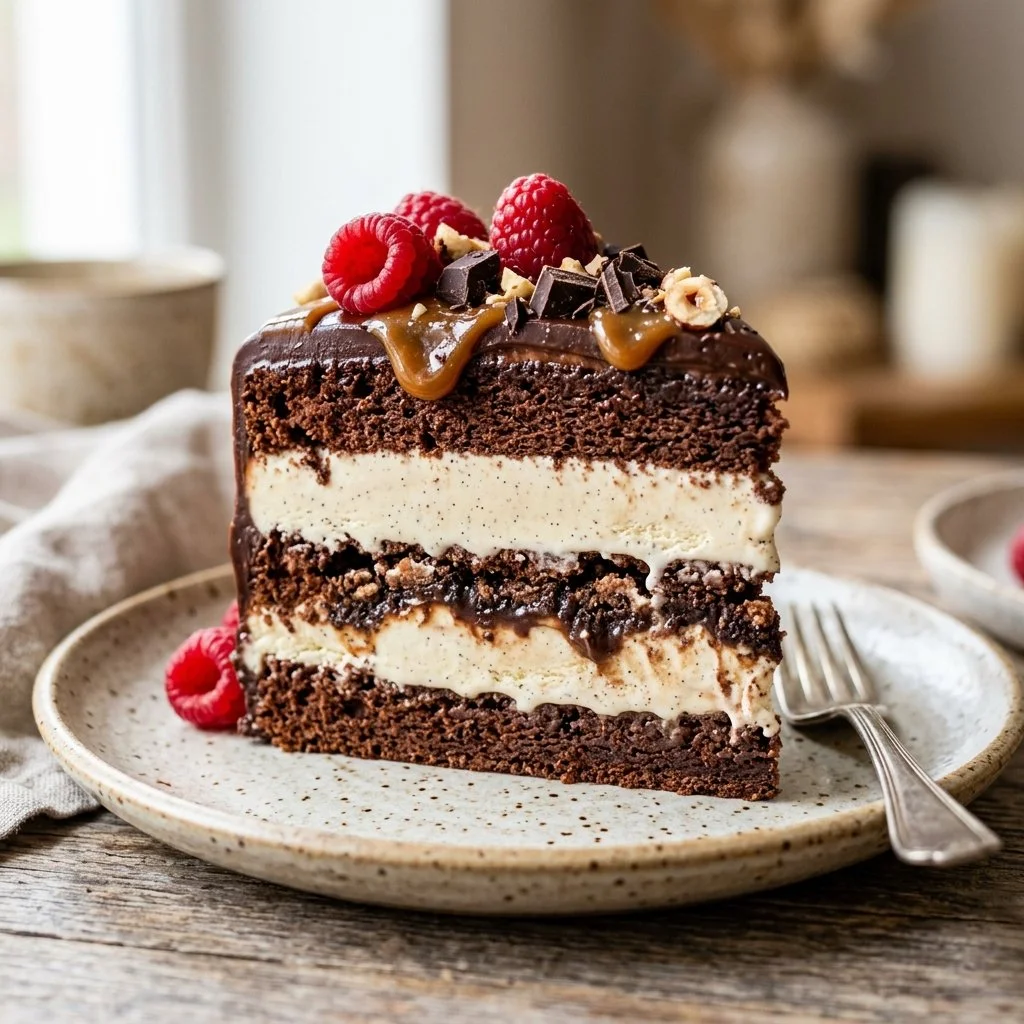 Delicious ice cream cake with colorful toppings and a slice cut out