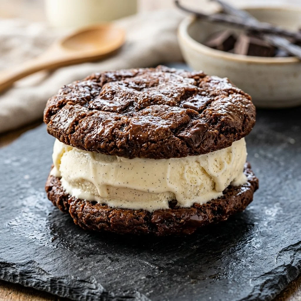 Delicious homemade ice cream sandwich with chocolate cookies and vanilla ice cream