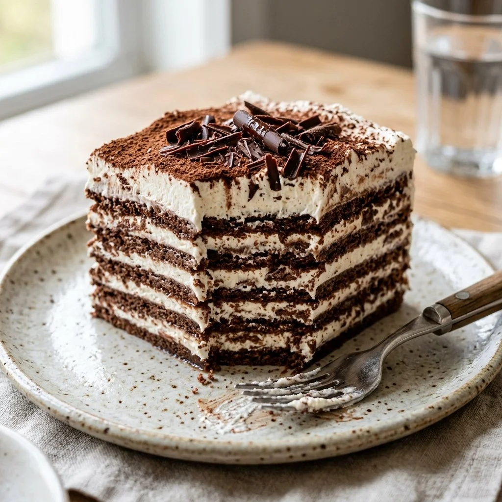 Delicious icebox cake layered with cream and cookies, perfect summer dessert.