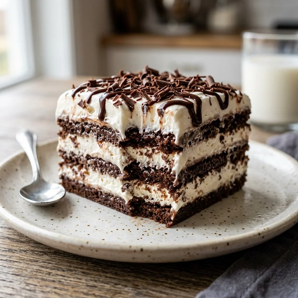 Delicious homemade Icebox Cake with layers of cream and cookies