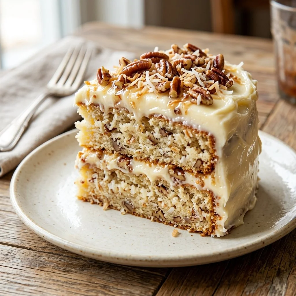 Delicious slice of homemade Italian Cream Cake with cream and coconut layers