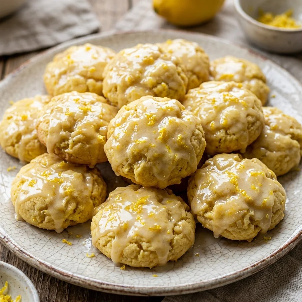 Plate of homemade Italian Lemon Cookies with a lemon zest garnish