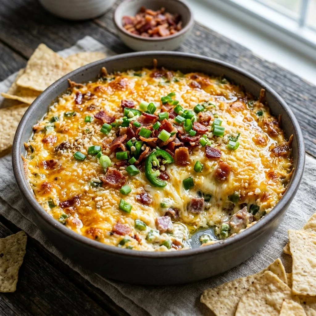 Creamy and spicy jalapeno popper dip served with tortilla chips