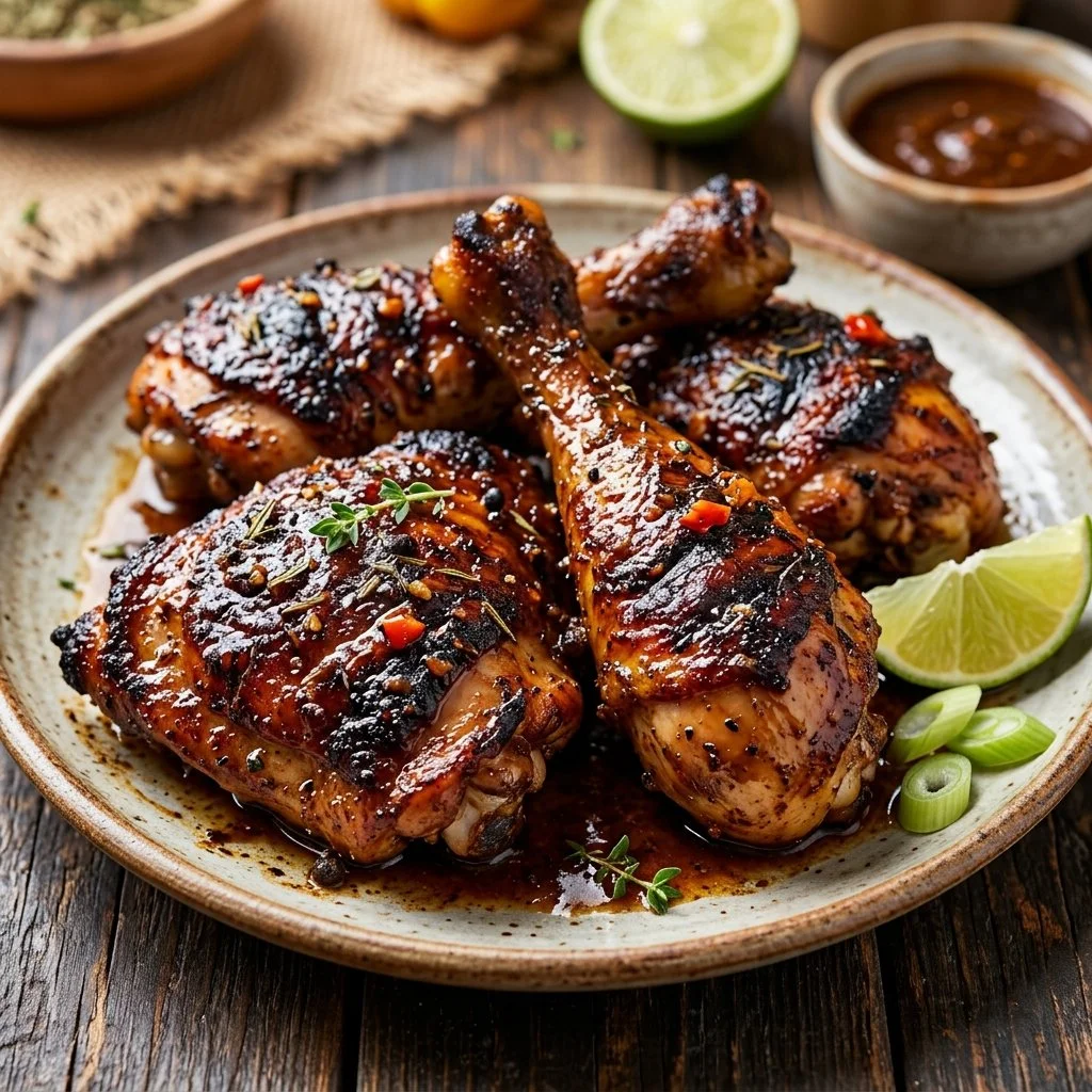 Grilled Jamaican Jerk Chicken garnished with fresh herbs and spices