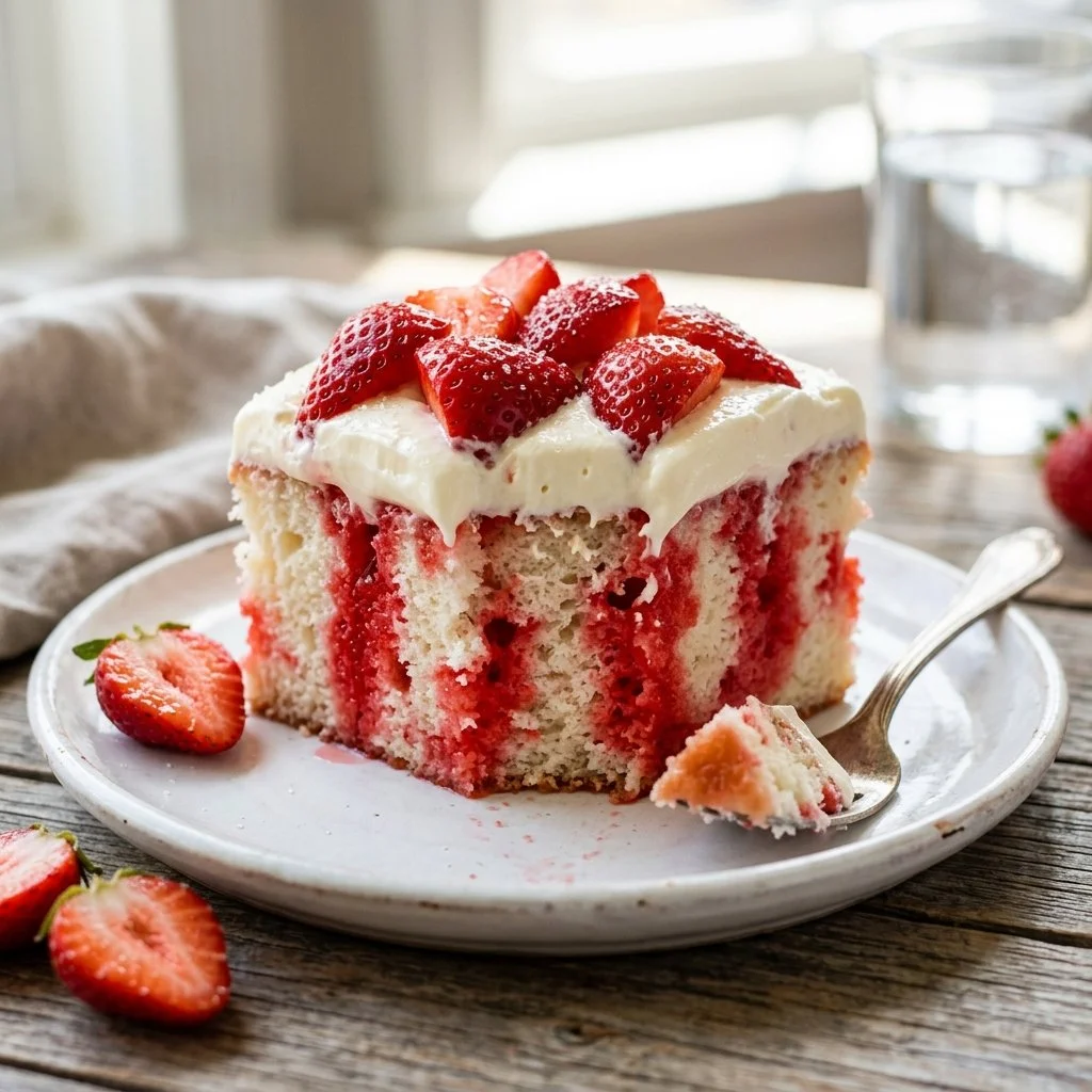 Delicious Jello Poke Cake with vibrant layers and a creamy topping