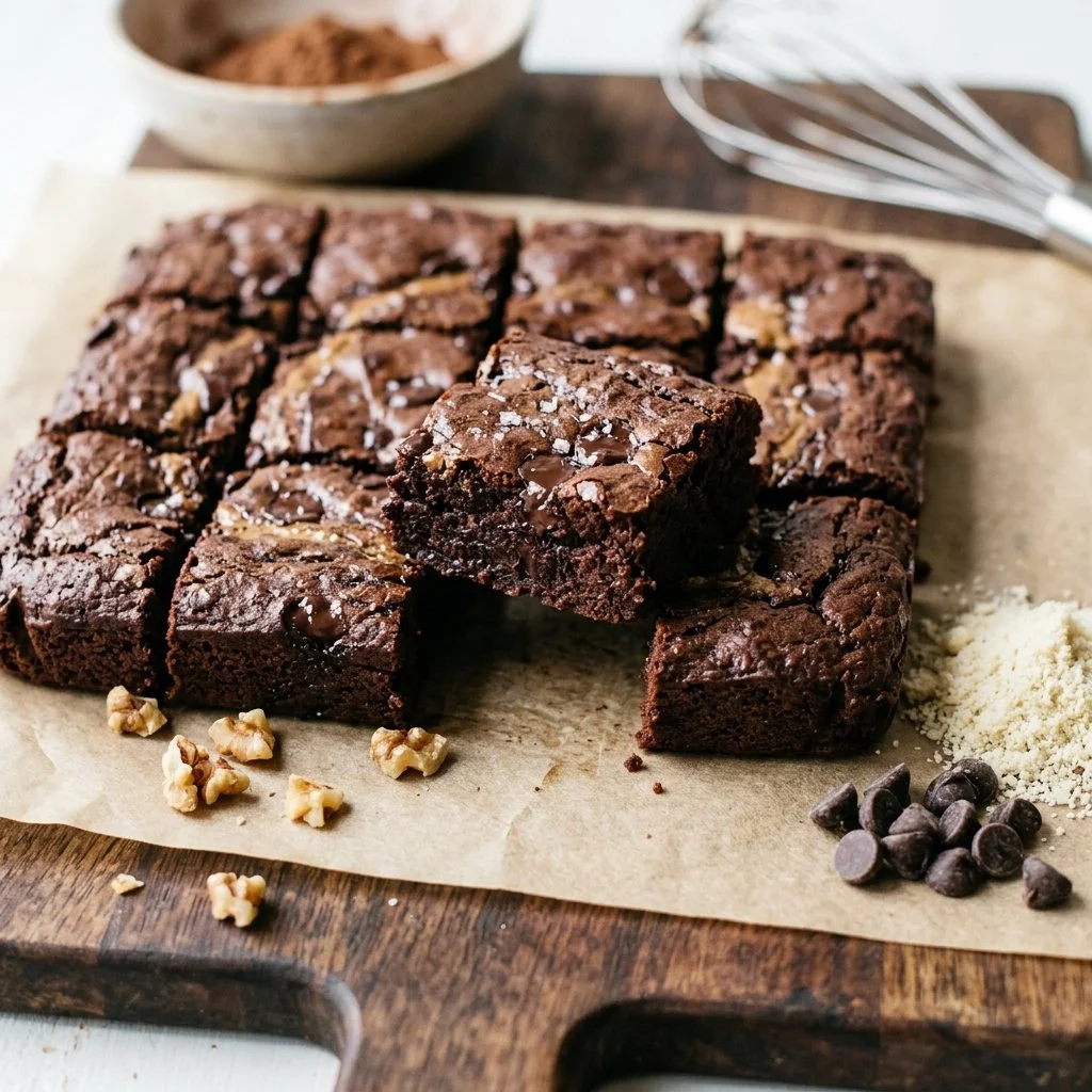 Delicious homemade Keto Brownies topped with nuts and chocolate drizzle