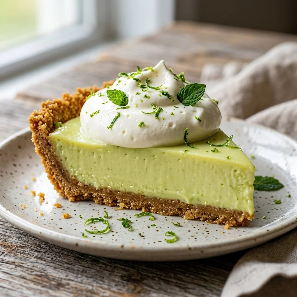 Delicious slice of Key Lime Pie with whipped cream and lime garnish