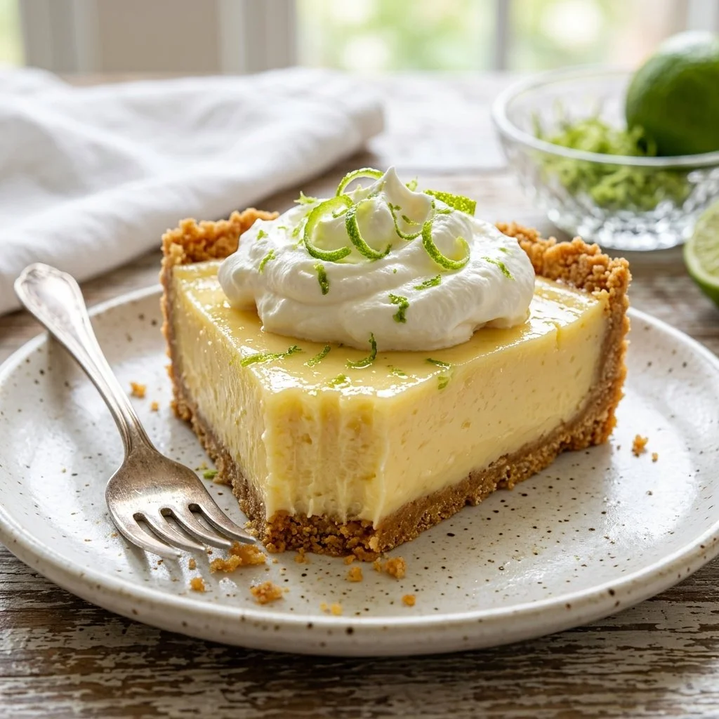 Delicious slice of homemade Key Lime Pie topped with whipped cream.
