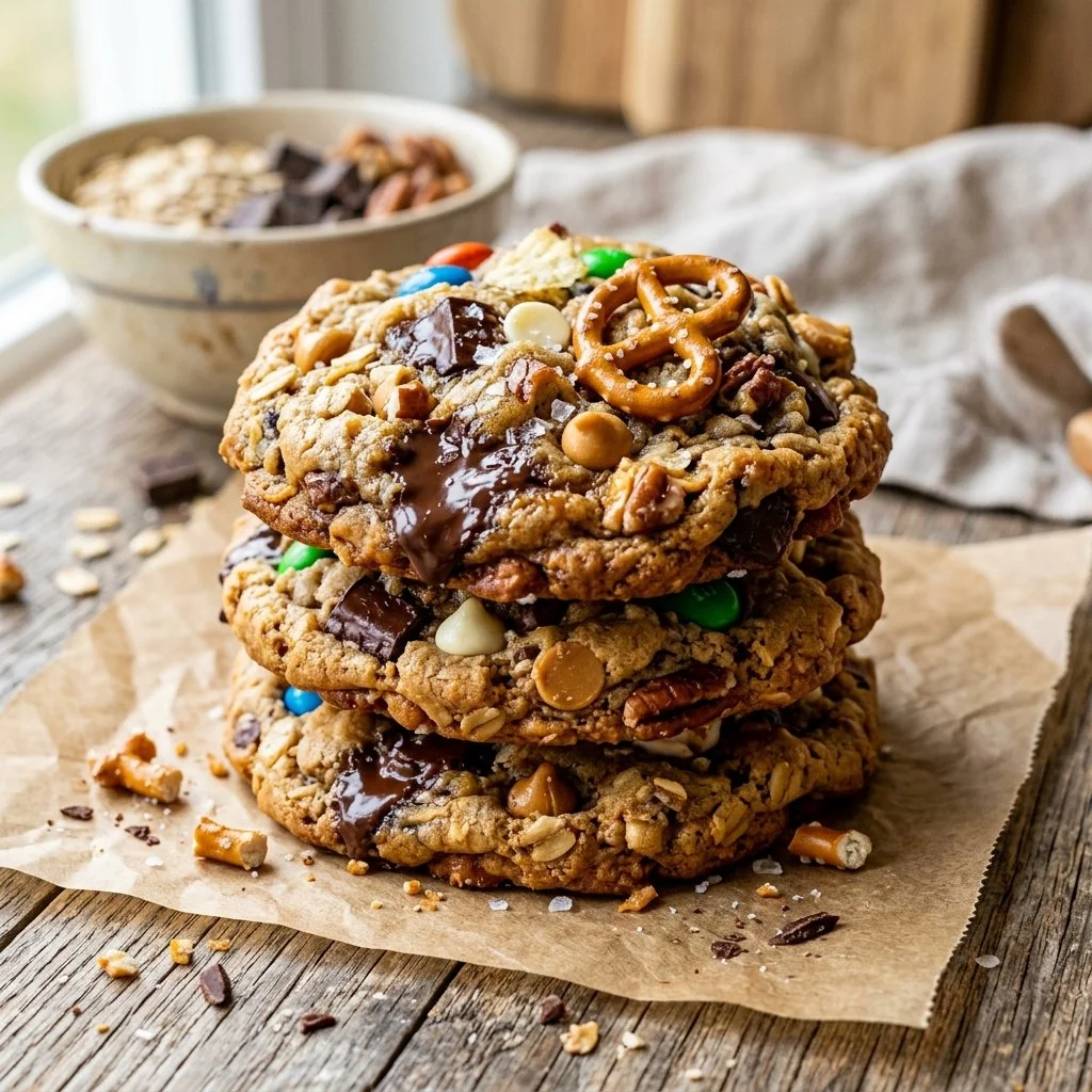 Delicious kitchen sink cookies with chocolate chips, nuts, and dried fruit