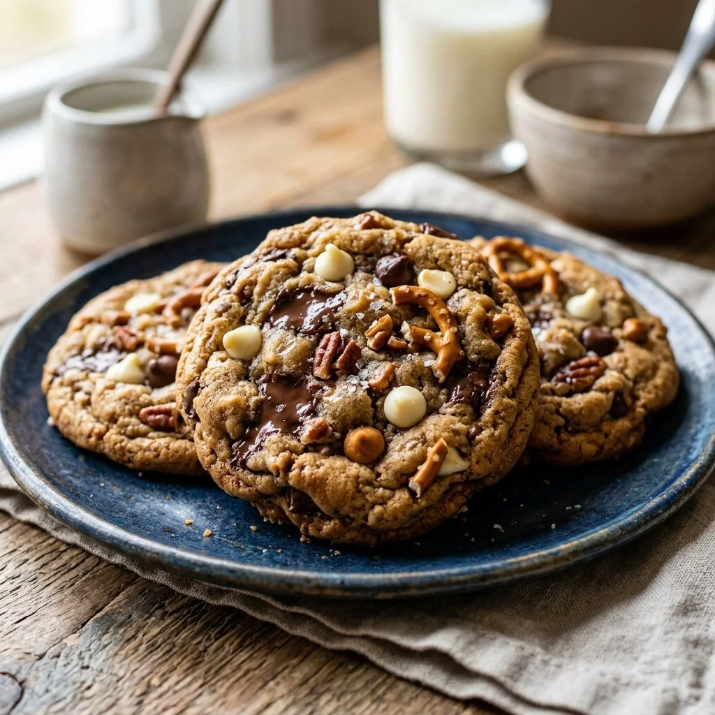 A plate of homemade kitchen sink cookies with various ingredients mixed in.