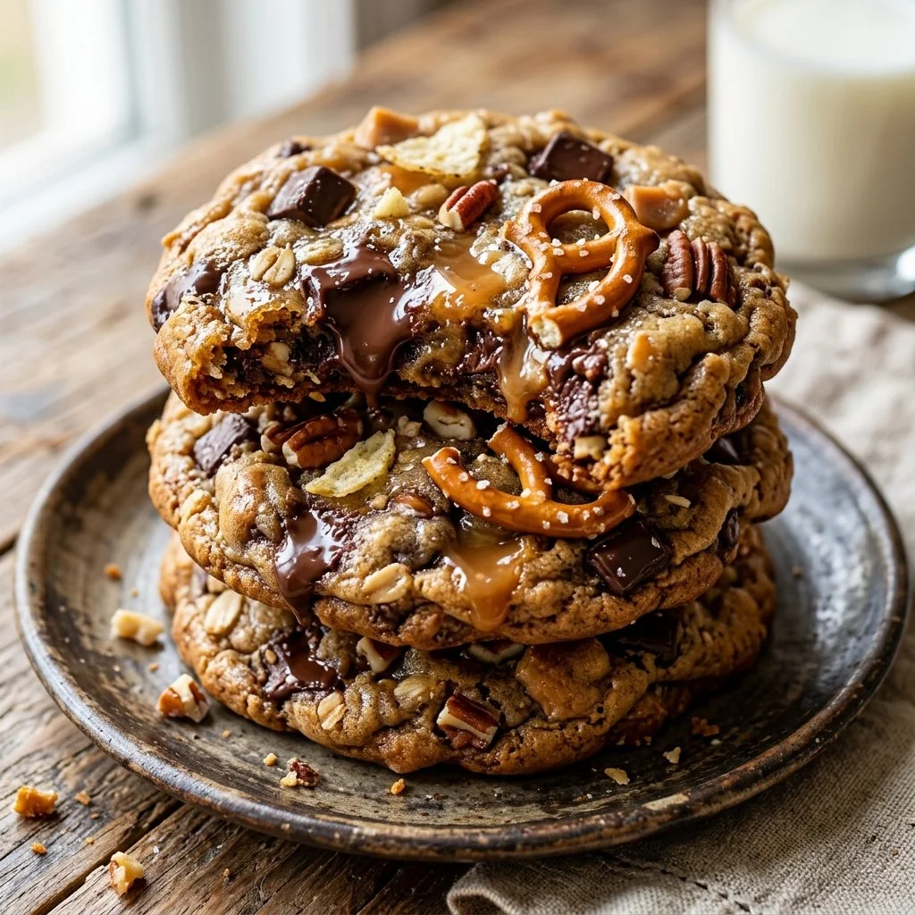 Freshly baked kitchen sink cookies with chocolate and nuts on a baking tray.
