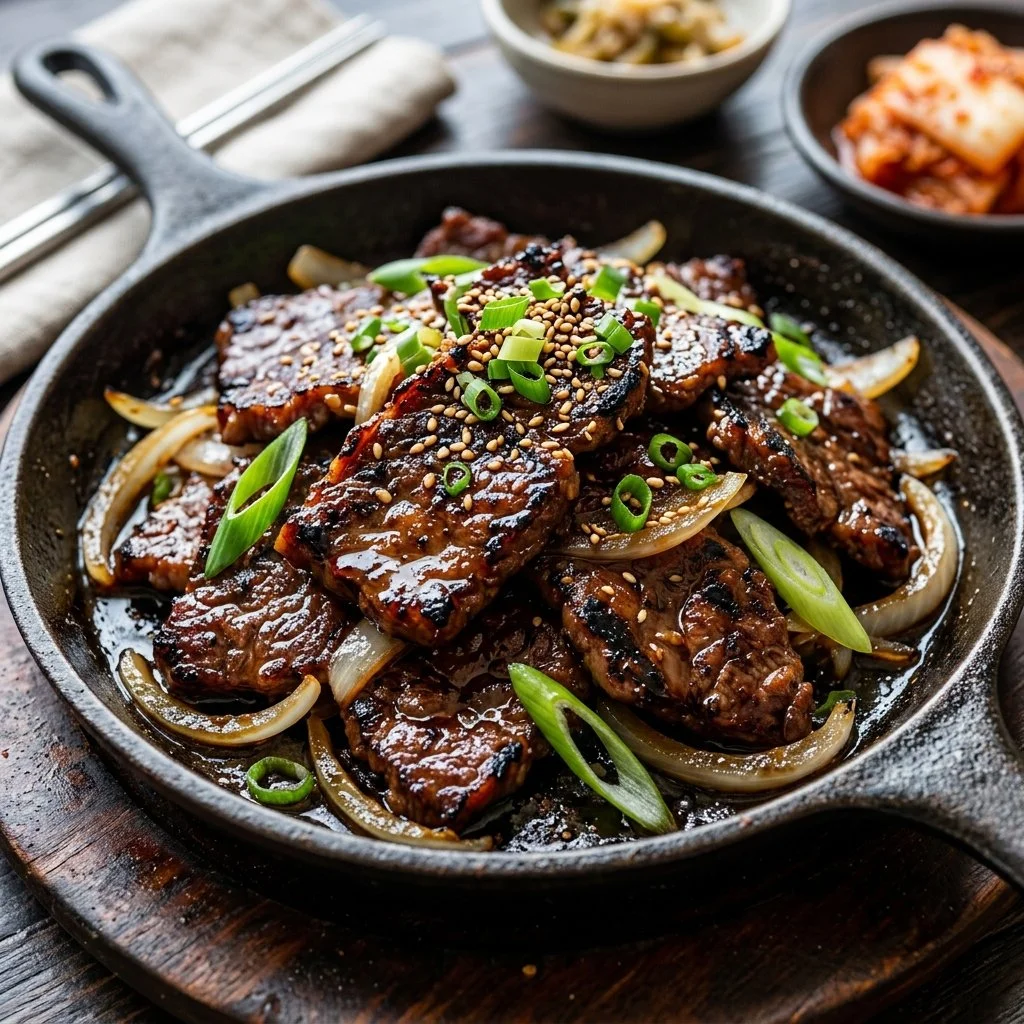 Grilled Korean BBQ beef served with traditional side dishes