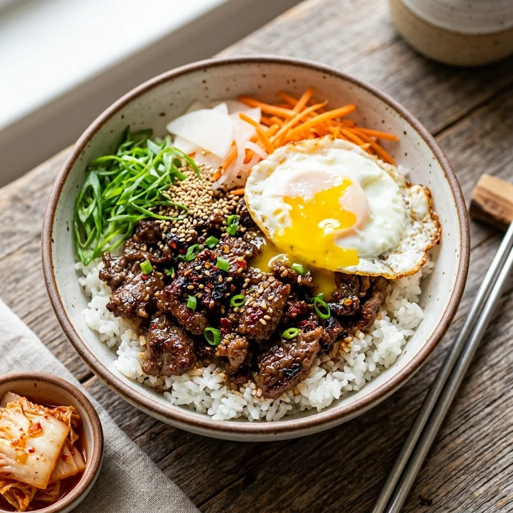 Korean Beef Bowls with marinated beef, vegetables, and rice in a bowl