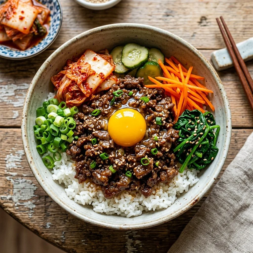 Korean beef bowls garnished with vegetables and sesame seeds.