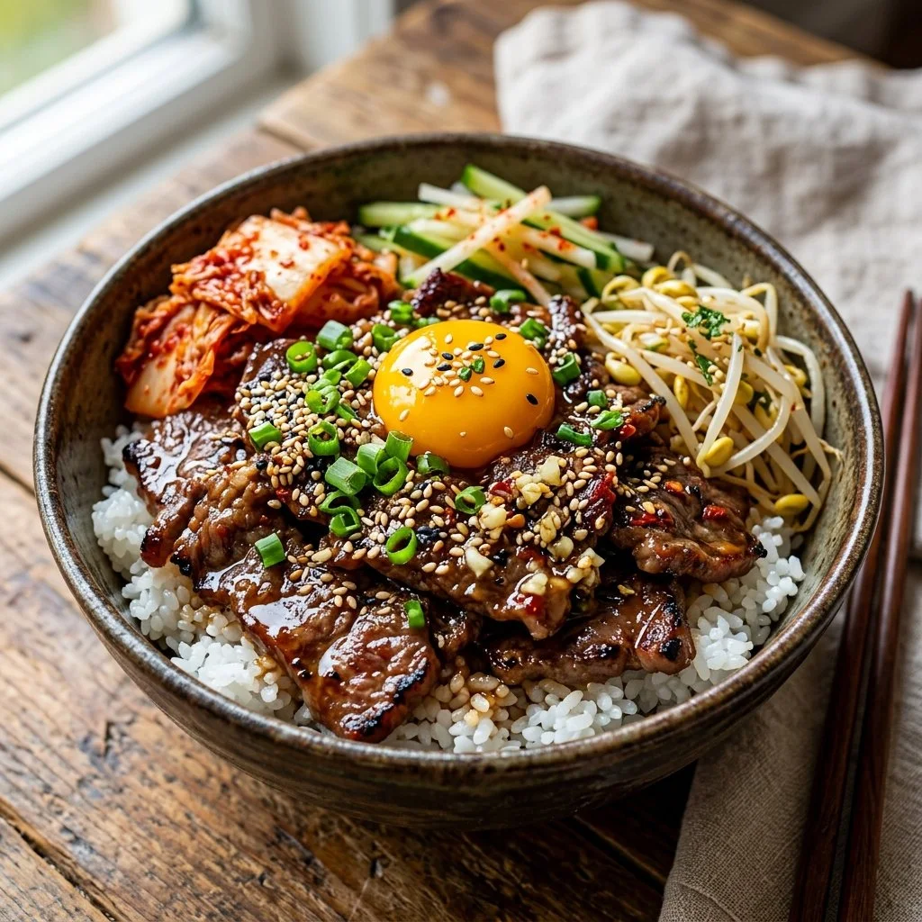 Delicious Korean Beef Bowl with vegetables and rice