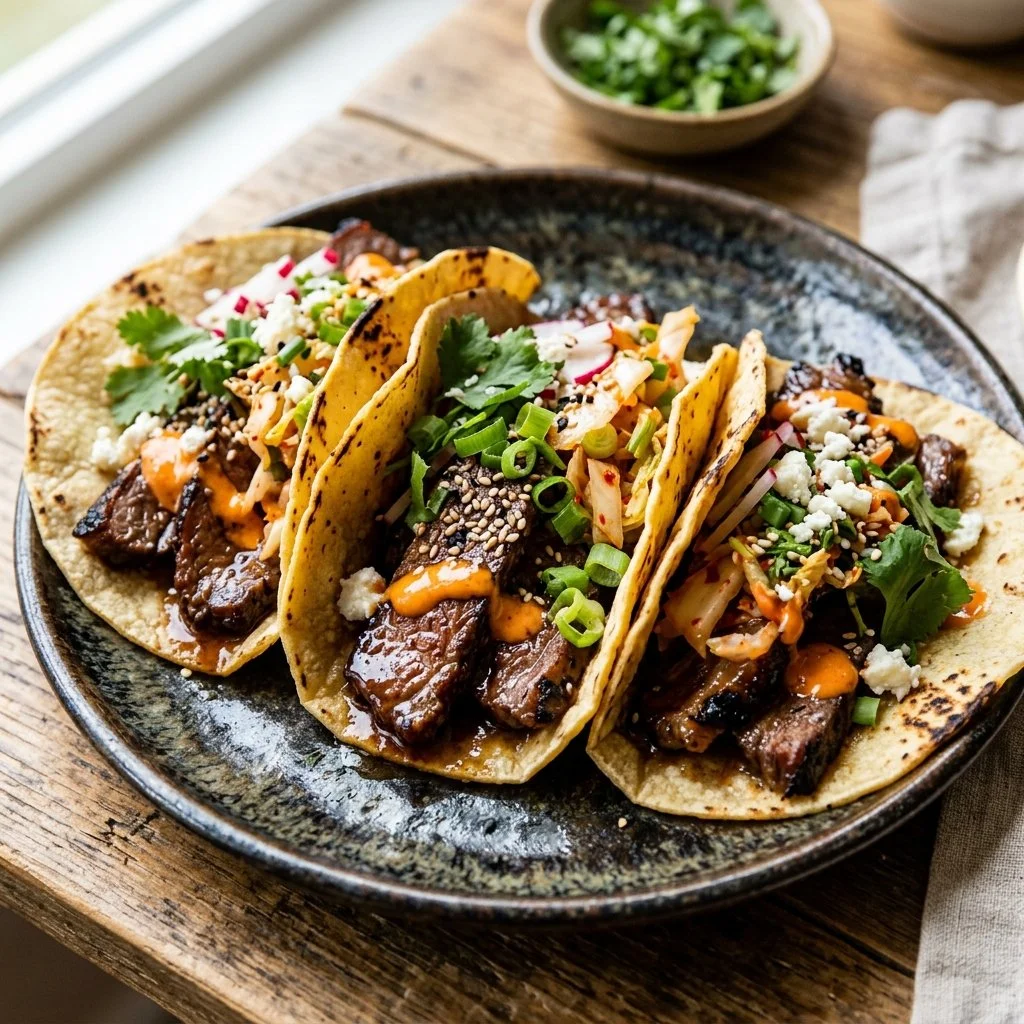 Delicious Korean beef tacos garnished with fresh ingredients and served on a plate