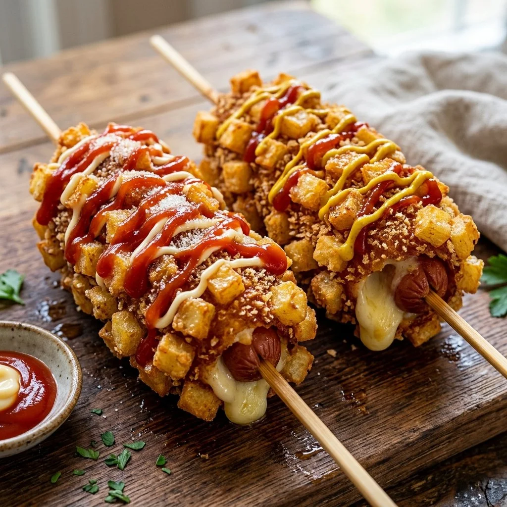Delicious Korean Corn Dogs served with various dipping sauces