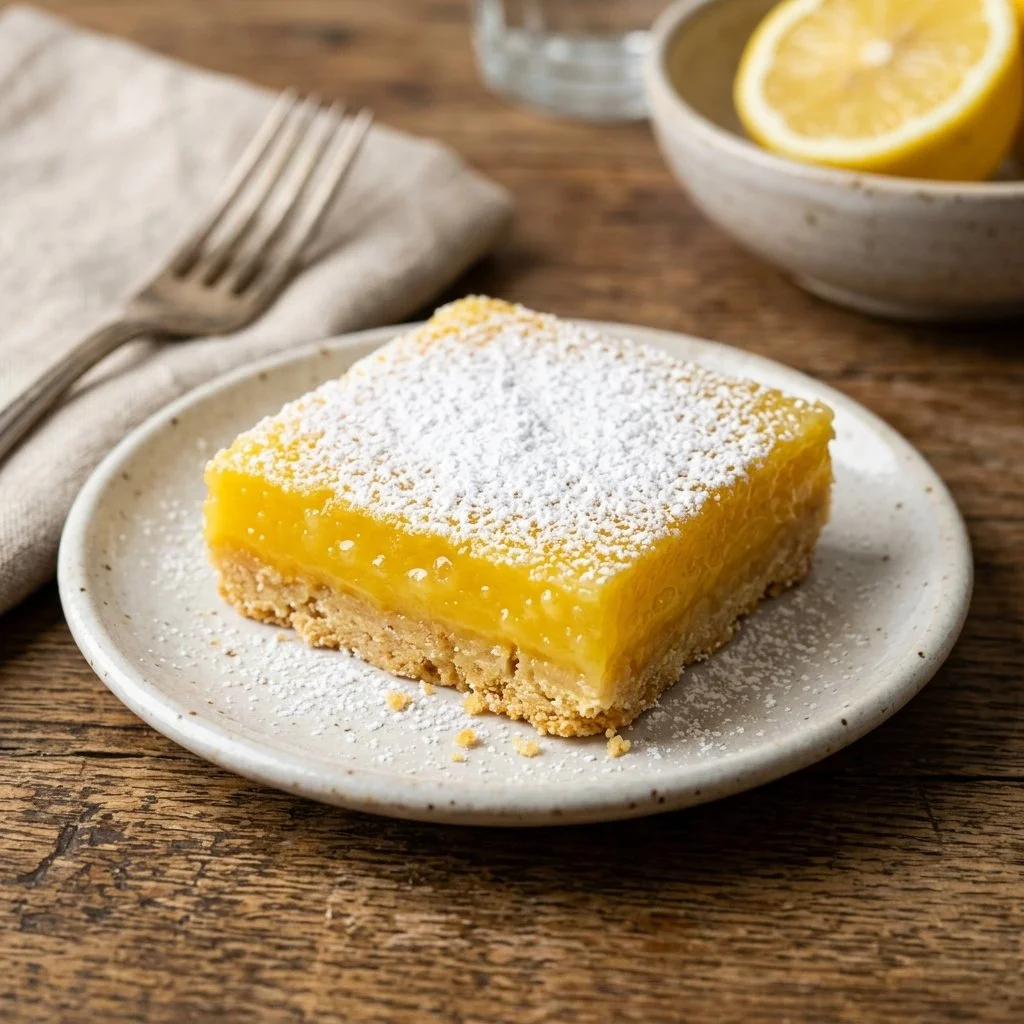 Delicious homemade lemon bars topped with powdered sugar on a white plate