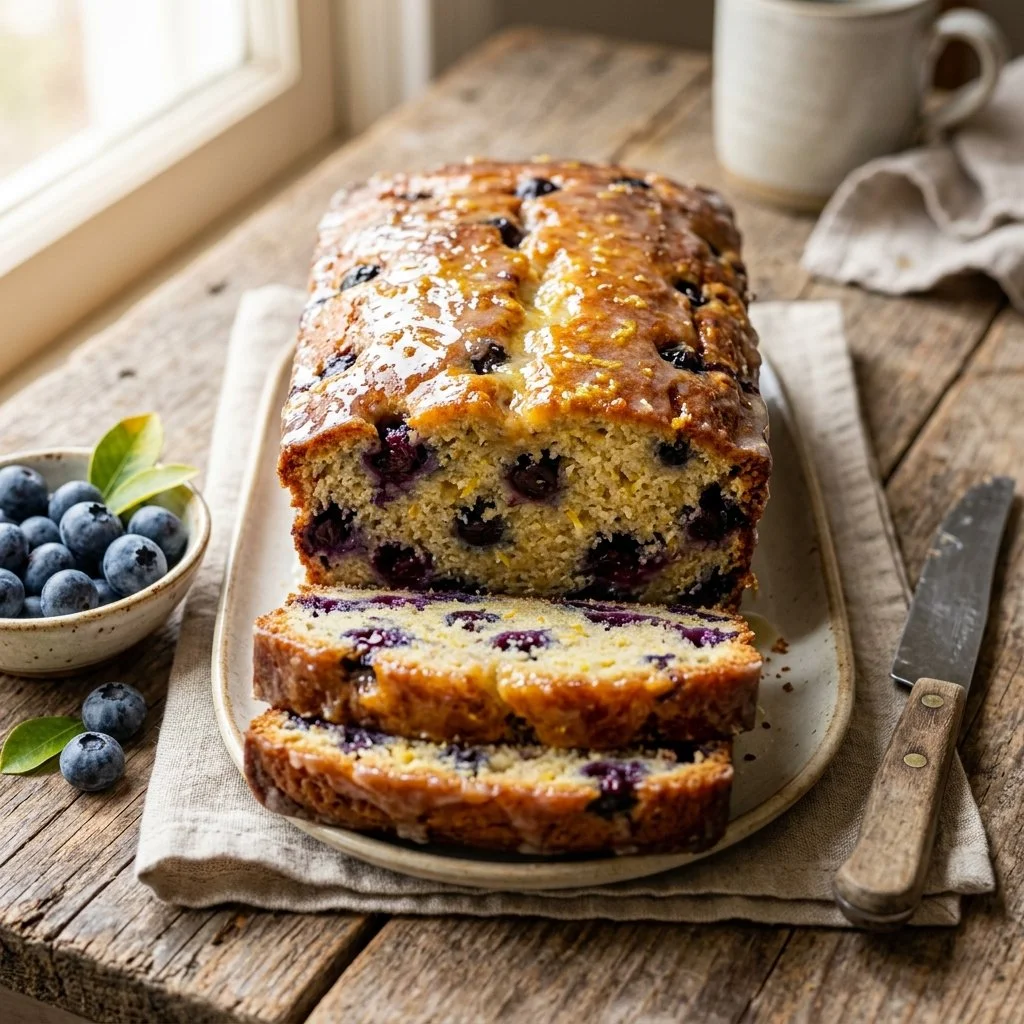 Moist lemon blueberry bread with fresh blueberries and a citrus glaze.