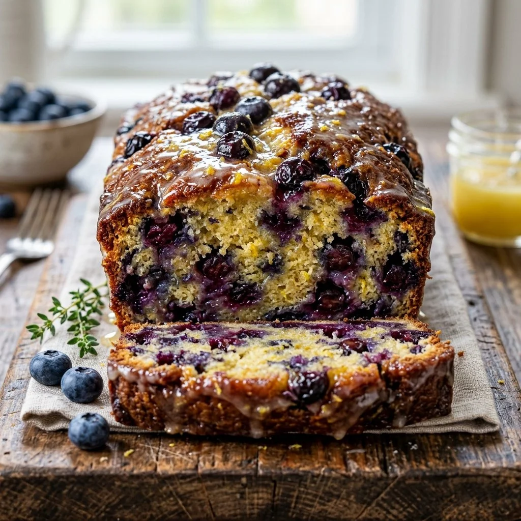 Freshly baked lemon blueberry bread with blueberries and lemon slices on a plate